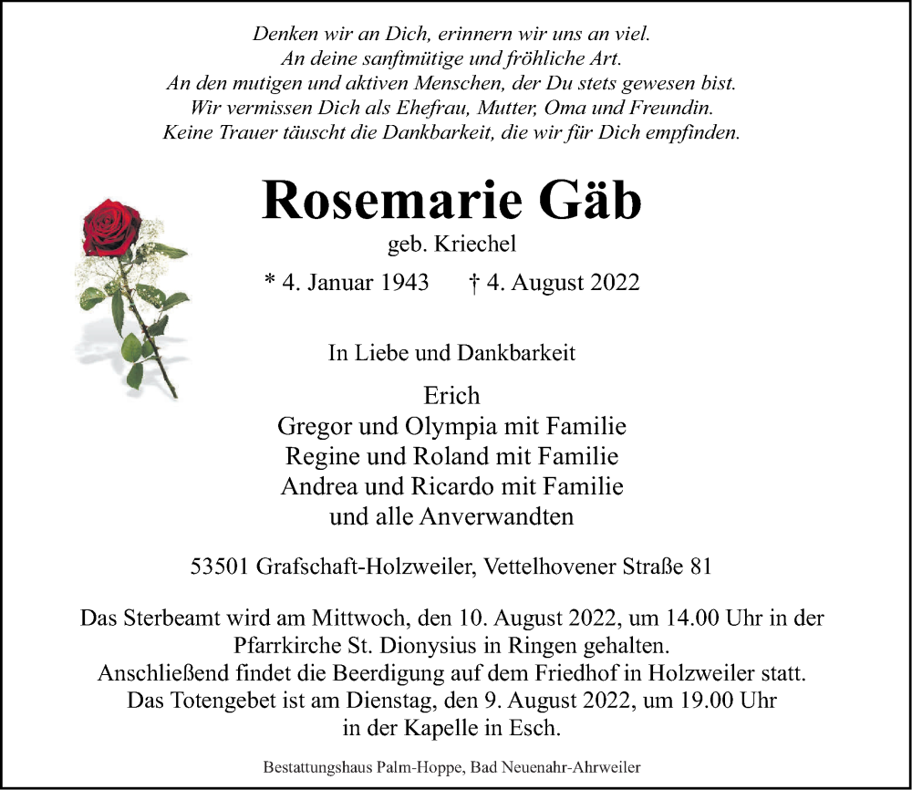  Traueranzeige für Rosemarie Gäb vom 06.08.2022 aus Rhein-Zeitung