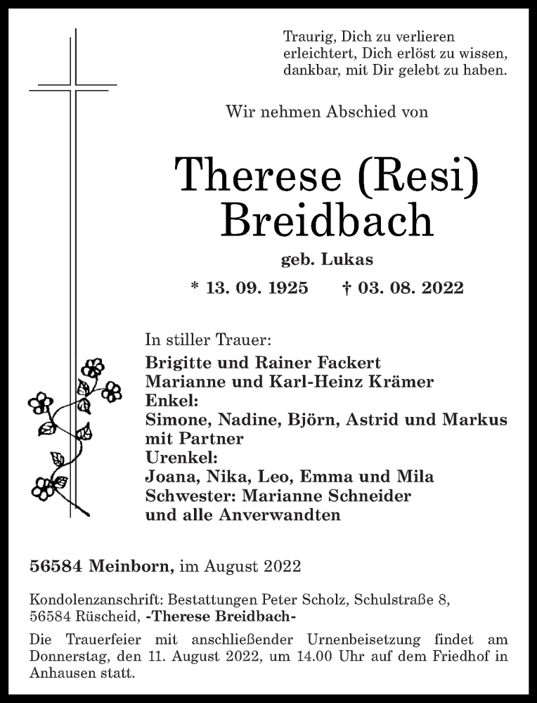  Traueranzeige für Therese Breidbach vom 06.08.2022 aus Rhein-Zeitung