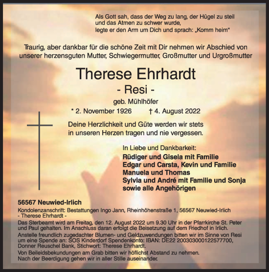Traueranzeige von Therese Ehrhardt von Rhein-Zeitung