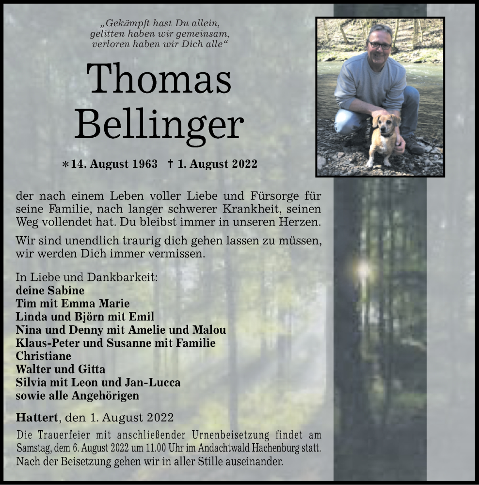  Traueranzeige für Thomas Bellinger vom 03.08.2022 aus Westerwälder Zeitung