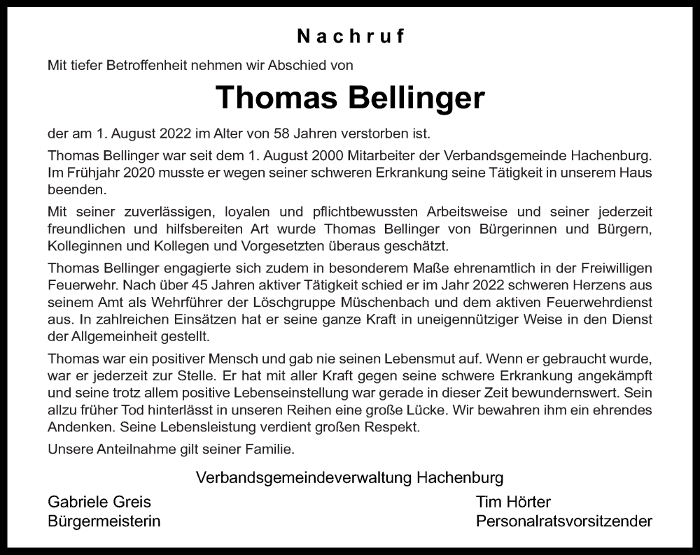  Traueranzeige für Thomas Bellinger vom 04.08.2022 aus Westerwälder Zeitung