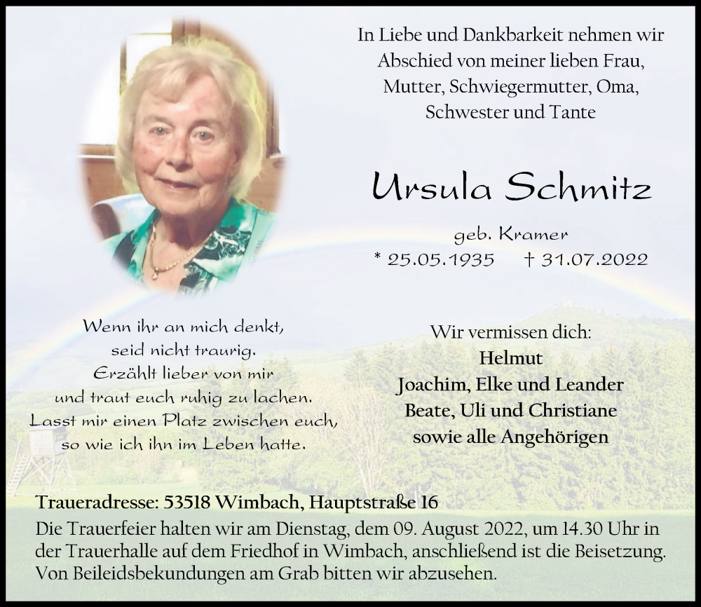  Traueranzeige für Ursula Schmitz vom 03.08.2022 aus Rhein-Zeitung