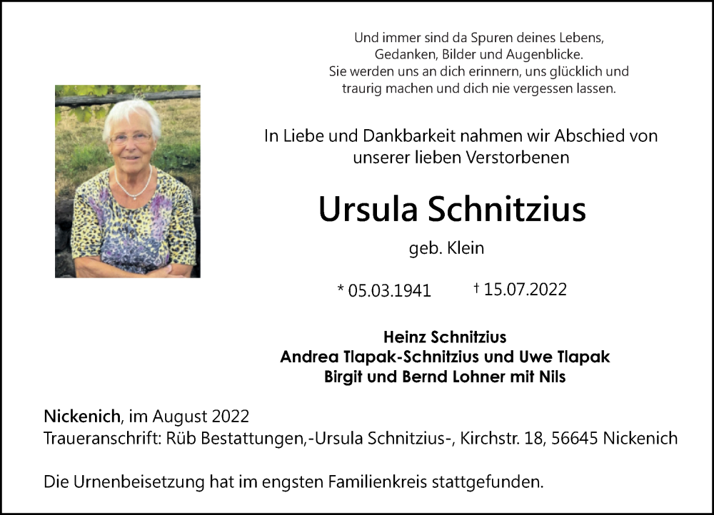  Traueranzeige für Ursula Schnitzius vom 06.08.2022 aus Rhein-Zeitung, Rhein-Lahn-Zeitung