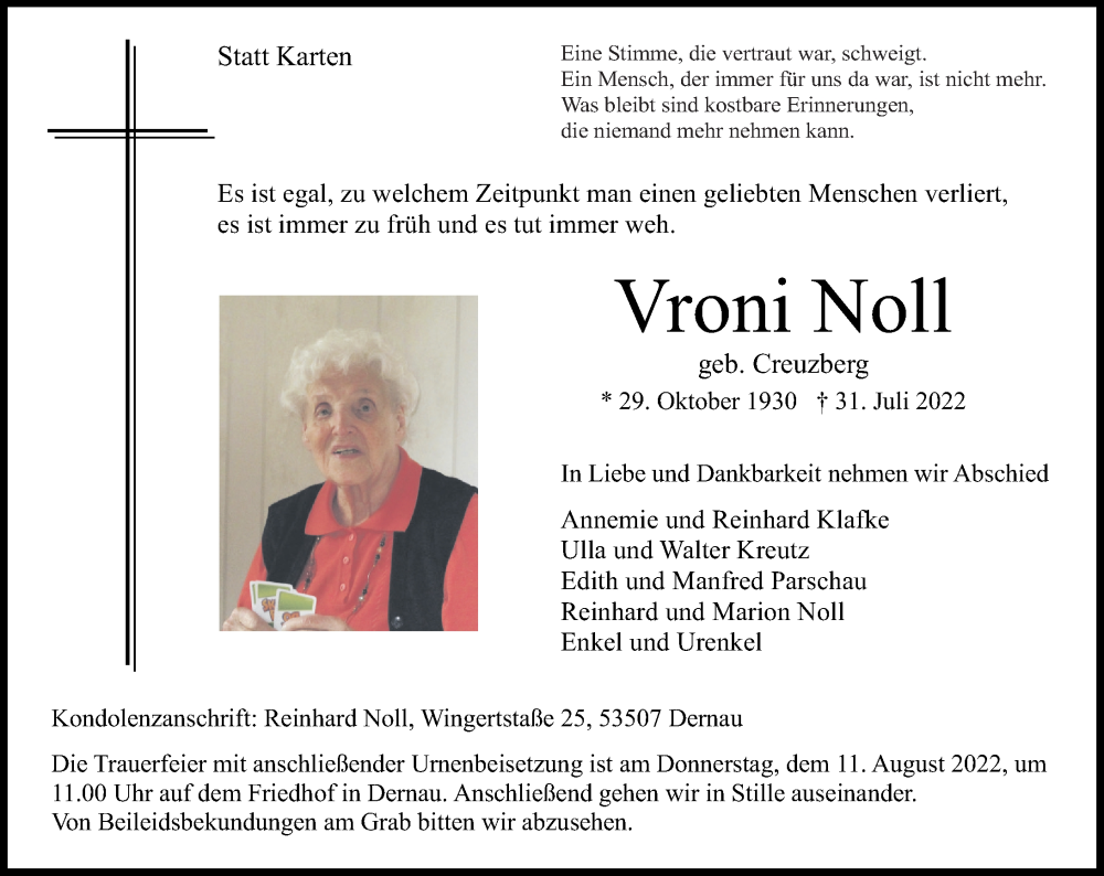  Traueranzeige für Vroni Noll vom 03.08.2022 aus Rhein-Zeitung