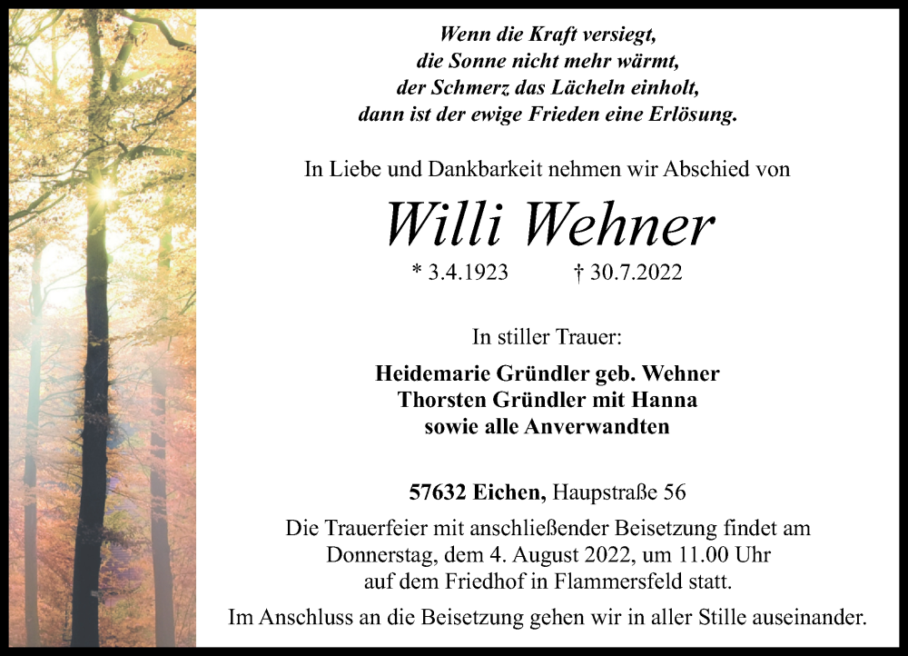  Traueranzeige für Willi Wehner vom 02.08.2022 aus Rhein-Zeitung