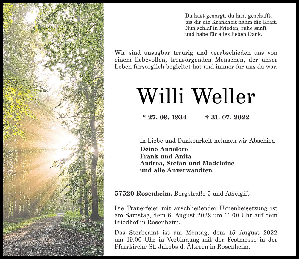  Traueranzeige für Willi Weller vom 04.08.2022 aus Rhein-Zeitung