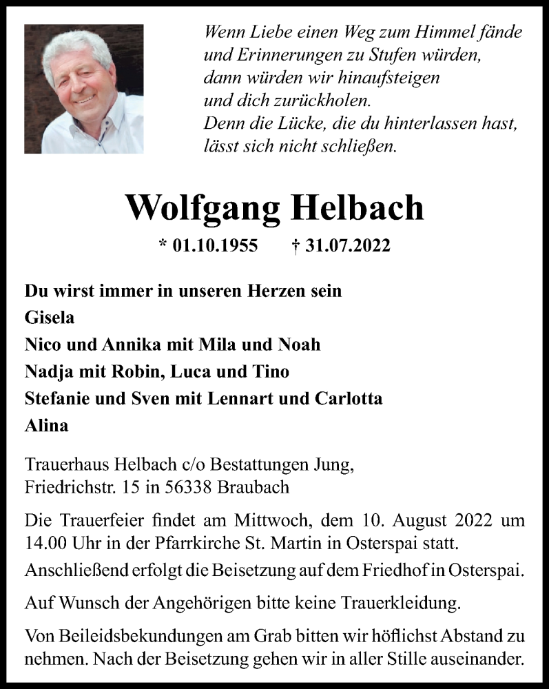  Traueranzeige für Wolfgang Helbach vom 06.08.2022 aus Rhein-Lahn-Zeitung