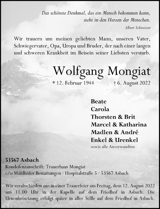 Traueranzeige von Wolfgang Mongiat von Rhein-Zeitung