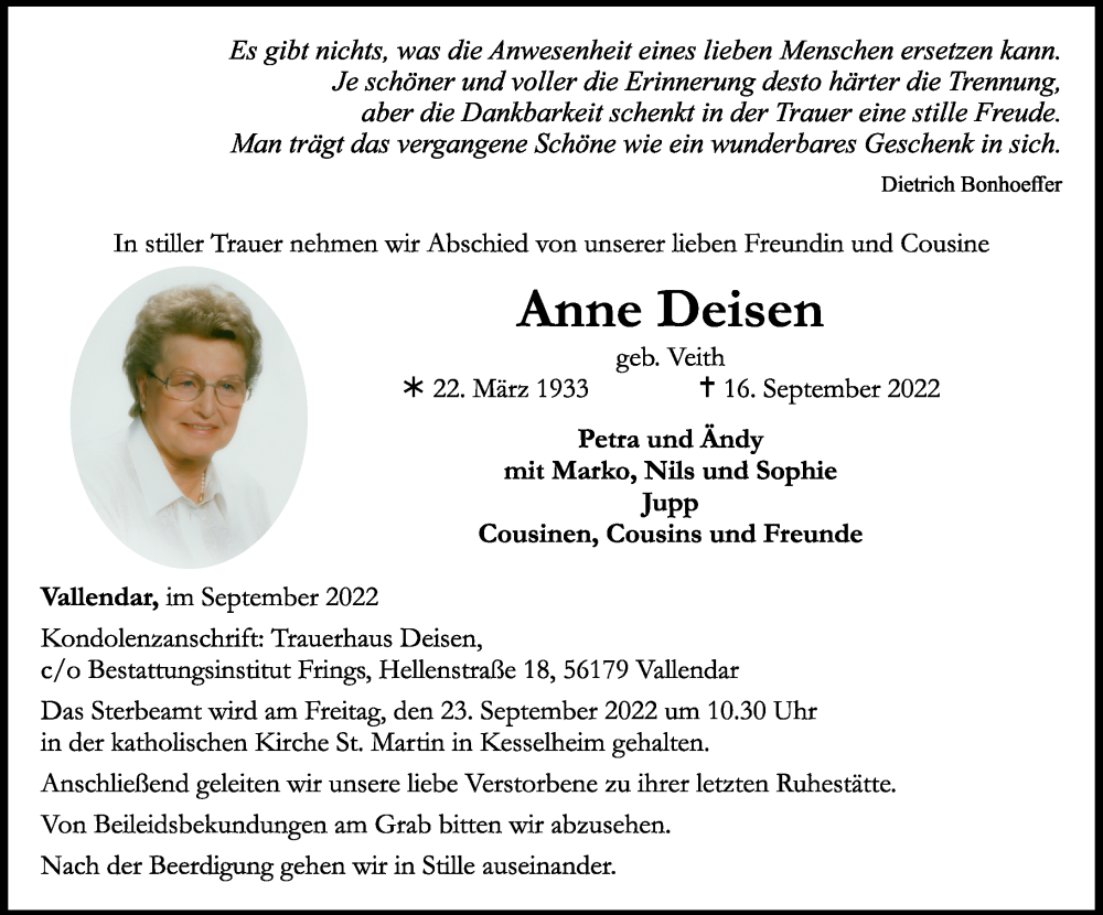 Traueranzeige für Anne Deisen vom 22.09.2022 aus Rhein-Zeitung