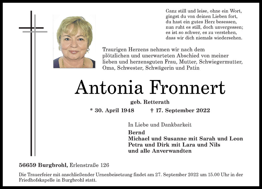  Traueranzeige für Antonia Fronnert vom 21.09.2022 aus Rhein-Zeitung