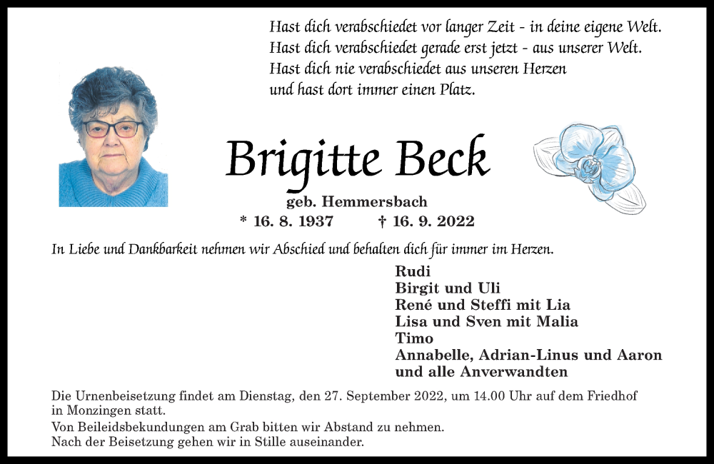  Traueranzeige für Brigitte Beck vom 23.09.2022 aus Oeffentlicher Anzeiger