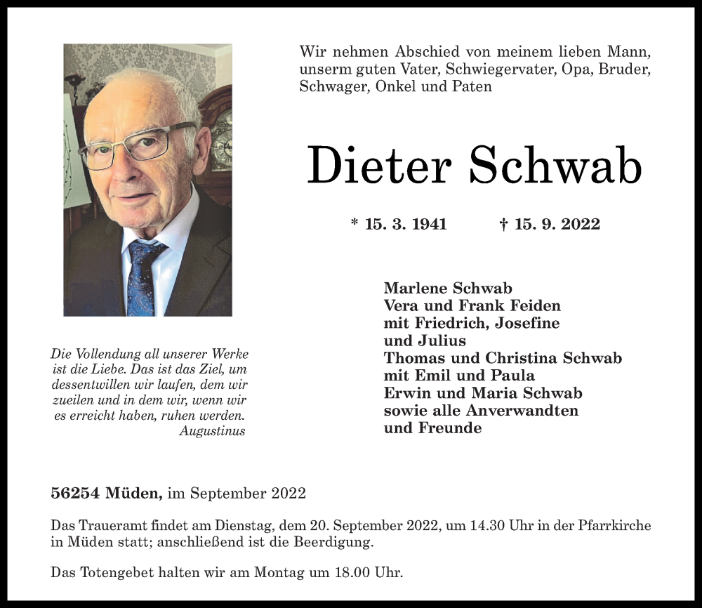  Traueranzeige für Dieter Schwab vom 17.09.2022 aus Rhein-Zeitung