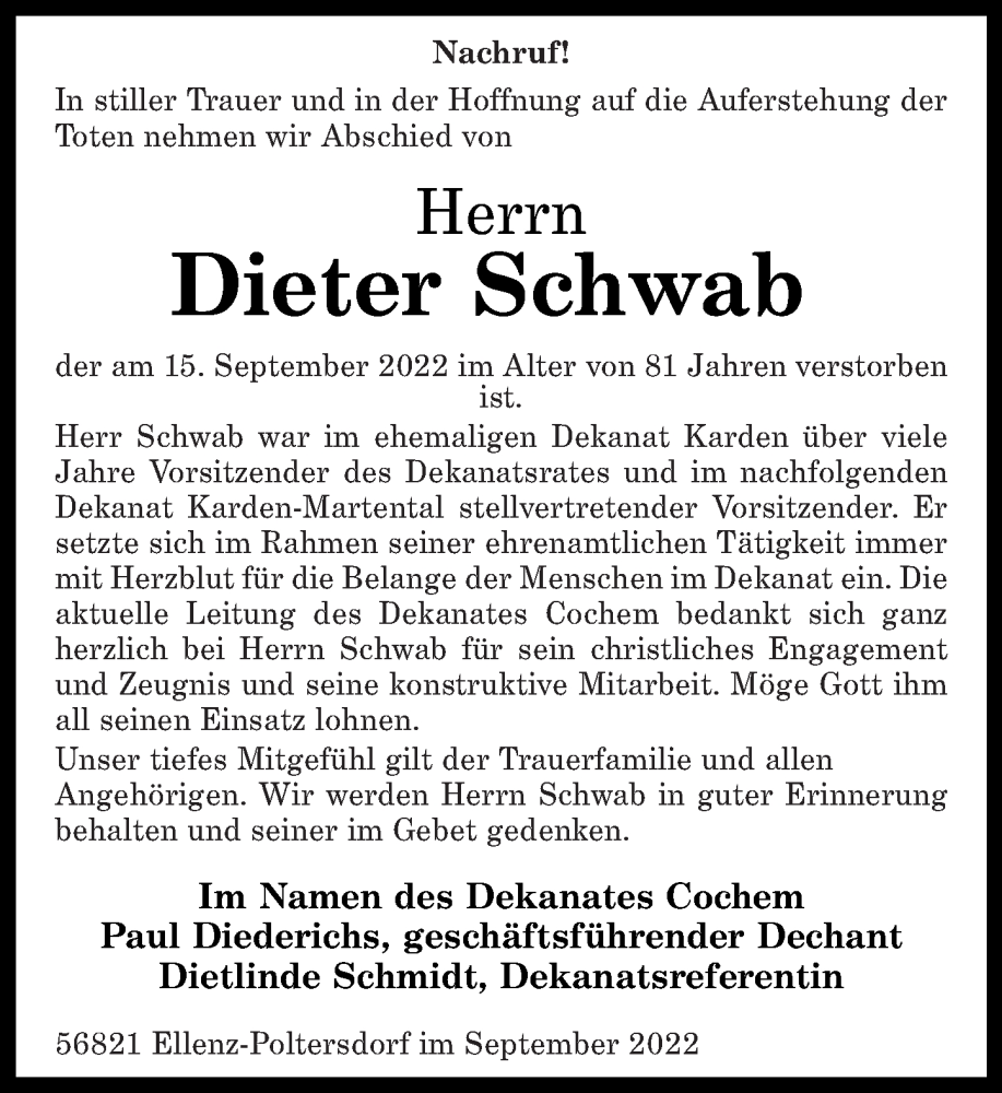  Traueranzeige für Dieter Schwab vom 20.09.2022 aus Rhein-Zeitung