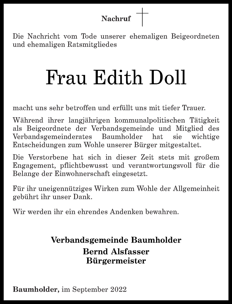  Traueranzeige für Edith Doll vom 20.09.2022 aus Nahe-Zeitung