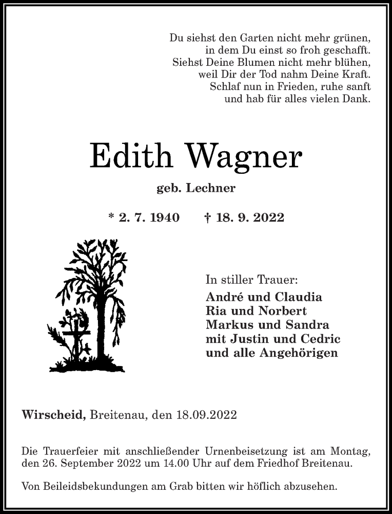  Traueranzeige für Edith Wagner vom 22.09.2022 aus Westerwälder Zeitung