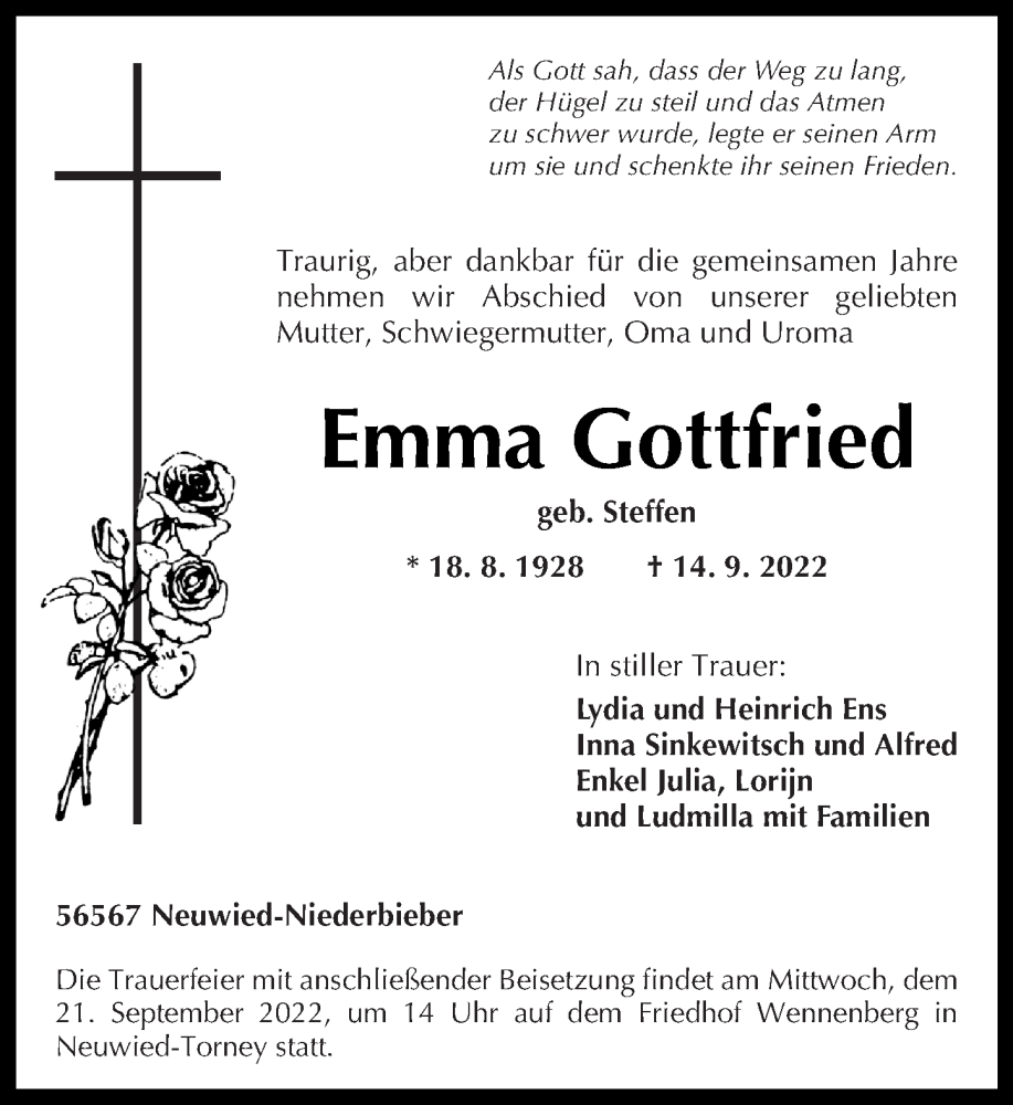  Traueranzeige für Emma Gottfried vom 17.09.2022 aus Rhein-Zeitung