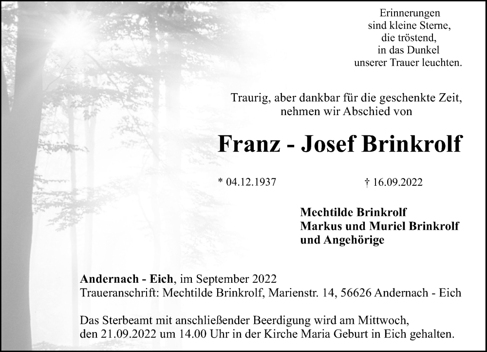  Traueranzeige für Franz-Josef Brinkrolf vom 20.09.2022 aus Rhein-Zeitung