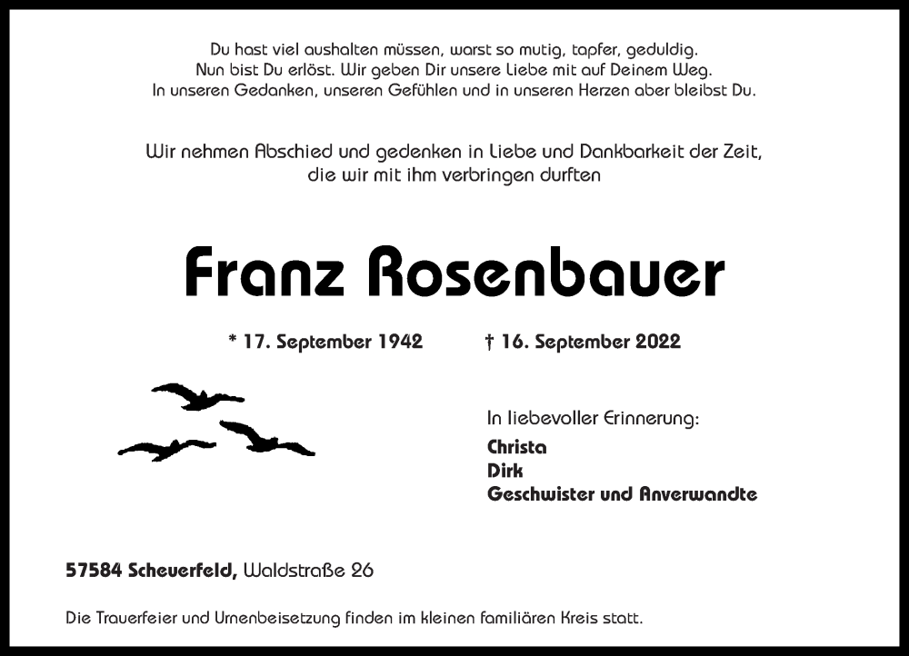  Traueranzeige für Franz Rosenbauer vom 21.09.2022 aus Rhein-Zeitung