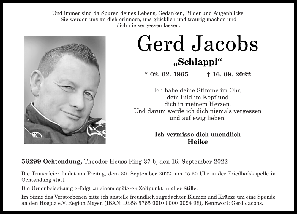  Traueranzeige für Gerd Jacobs vom 24.09.2022 aus Rhein-Zeitung