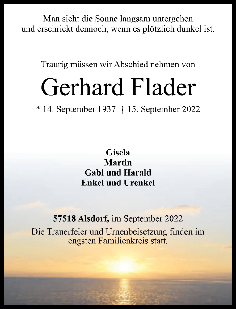  Traueranzeige für Gerhard Flader vom 20.09.2022 aus Rhein-Zeitung