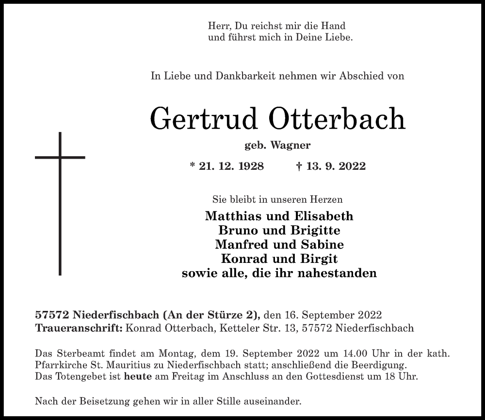  Traueranzeige für Gertrud Otterbach vom 16.09.2022 aus Rhein-Zeitung