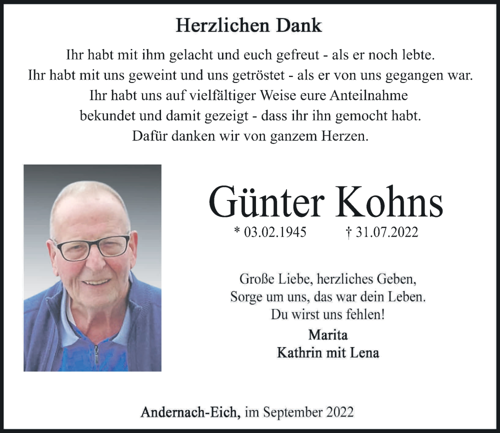  Traueranzeige für Günter Kohns vom 24.09.2022 aus Rhein-Zeitung