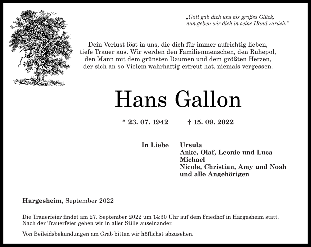  Traueranzeige für Hans Gallon vom 24.09.2022 aus Oeffentlicher Anzeiger