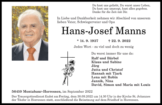 Traueranzeige von Hans-Josef Manns von Westerwälder Zeitung
