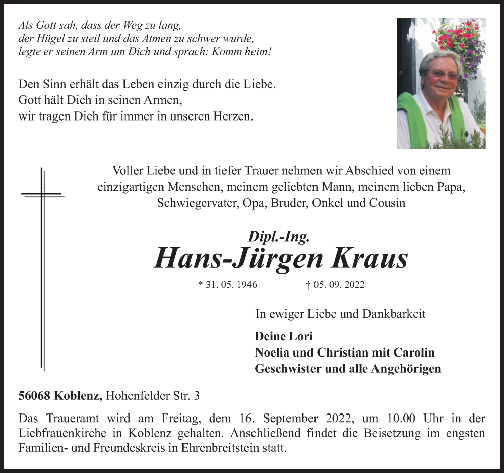  Traueranzeige für Hans-Jürgen Kraus vom 10.09.2022 aus Rhein-Zeitung, Rhein-Lahn-Zeitung, Rhein-Hunsrück-Zeitung