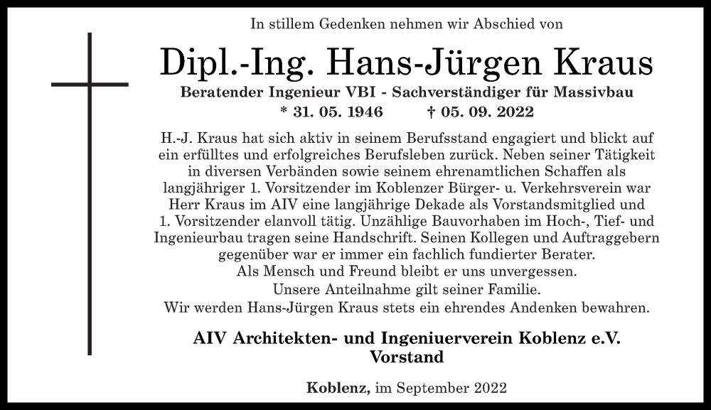  Traueranzeige für Hans-Jürgen Kraus vom 10.09.2022 aus Rhein-Zeitung