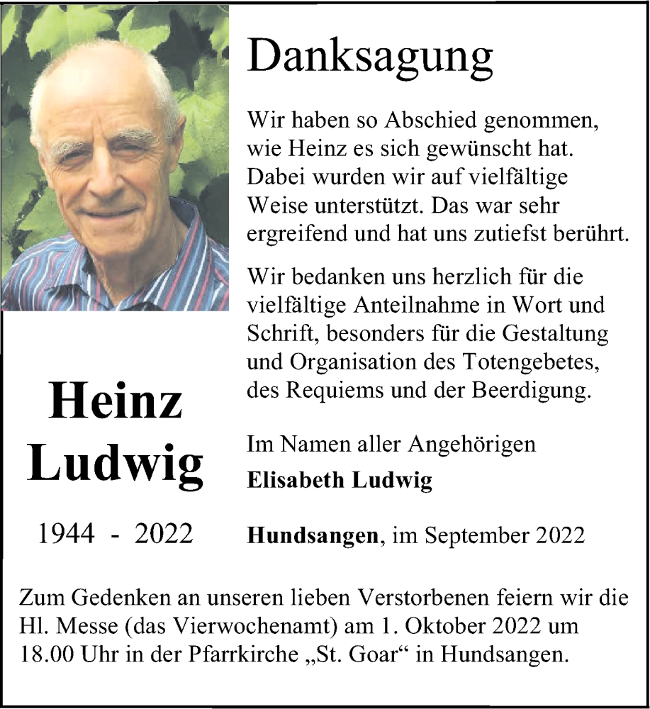  Traueranzeige für Heinz Ludwig vom 23.09.2022 aus Westerwälder Zeitung