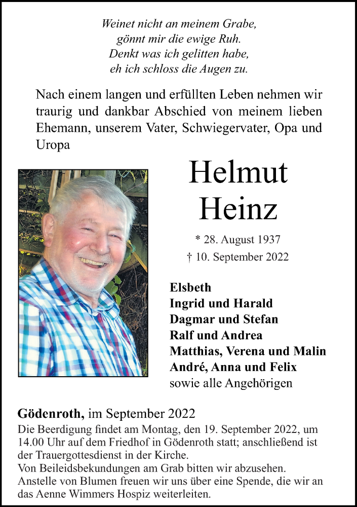  Traueranzeige für Helmut Heinz vom 16.09.2022 aus Rhein-Hunsrück-Zeitung