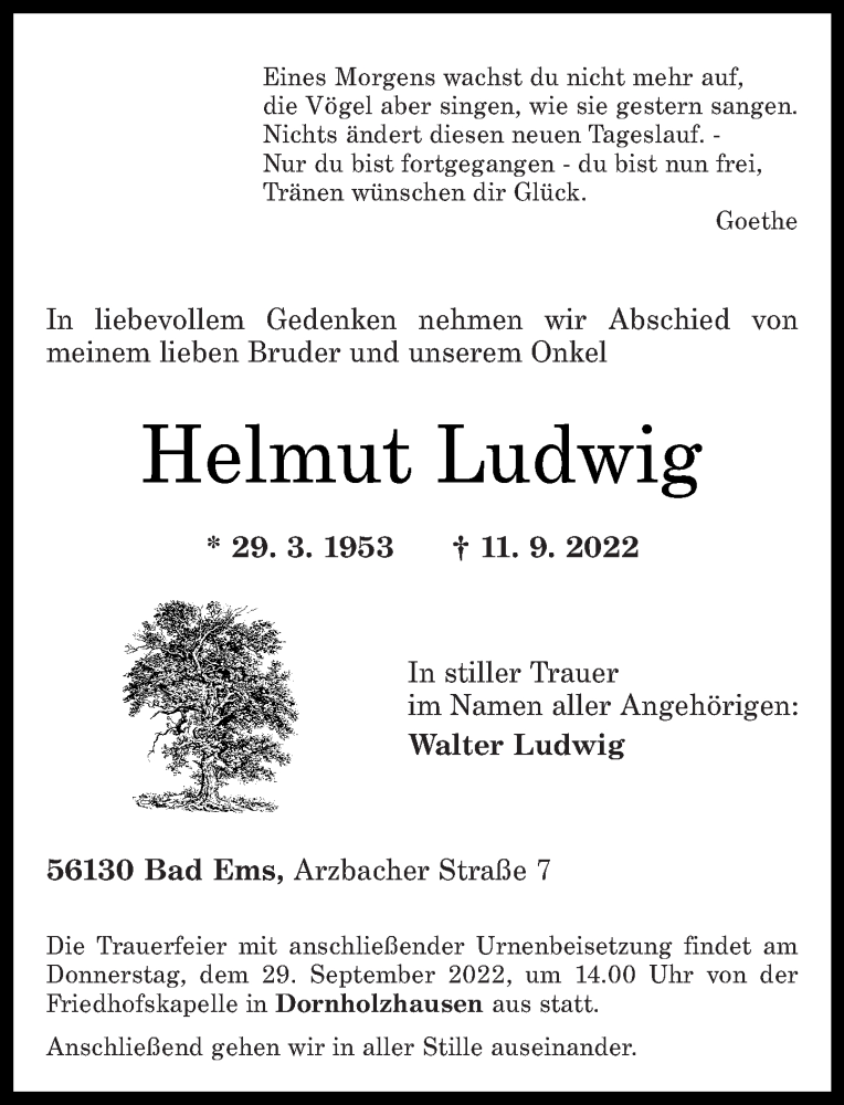  Traueranzeige für Helmut Ludwig vom 17.09.2022 aus Rhein-Lahn-Zeitung