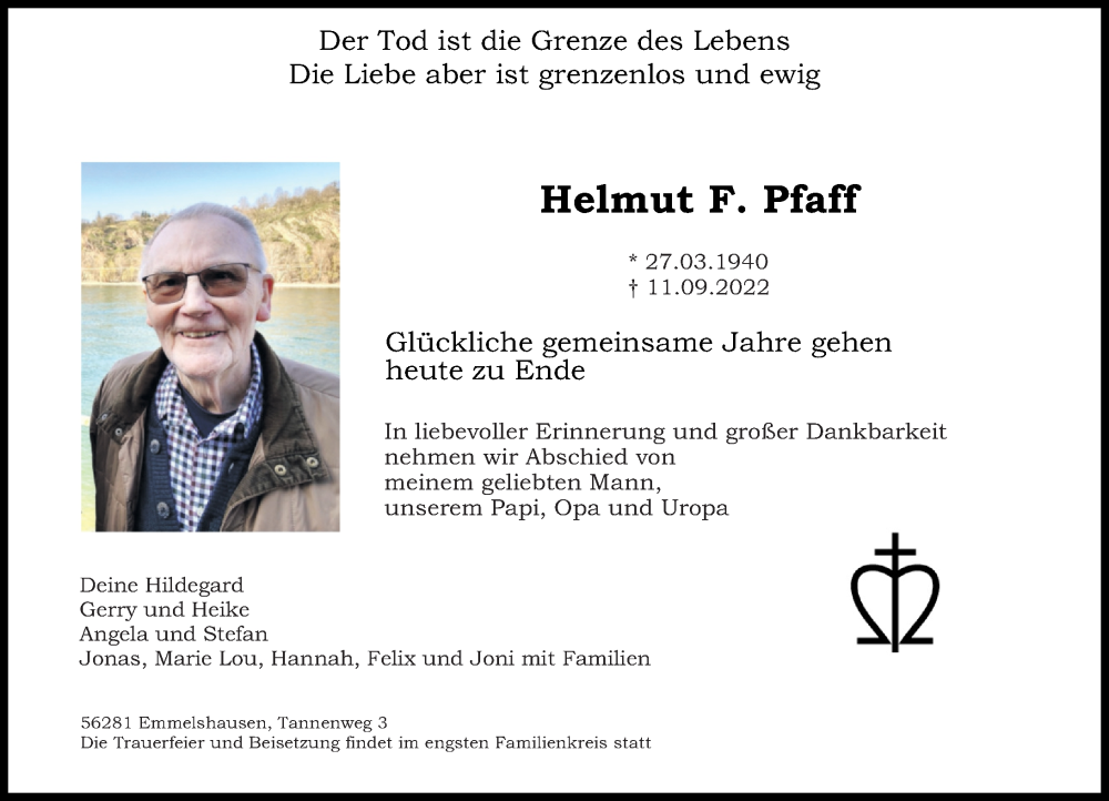  Traueranzeige für Helmut F. Pfaff vom 21.09.2022 aus Rhein-Hunsrück-Zeitung