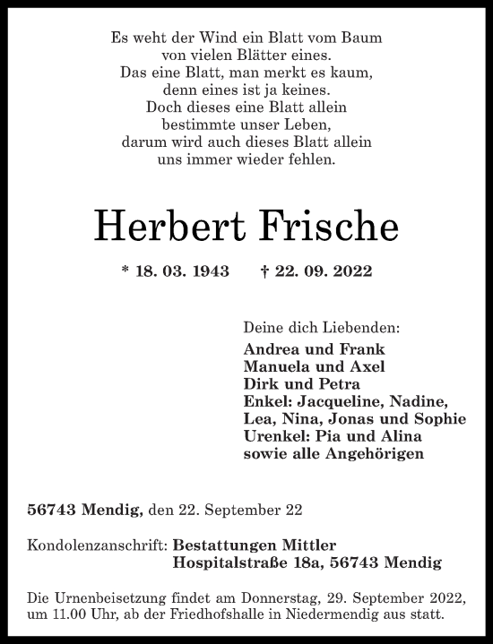 Traueranzeige von Herbert Frische von Rhein-Zeitung