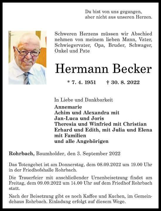 Traueranzeigen von Hermann Becker | rz-trauer.de