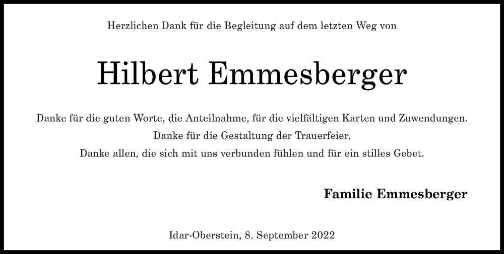  Traueranzeige für Hilbert Emmesberger vom 10.09.2022 aus Nahe-Zeitung