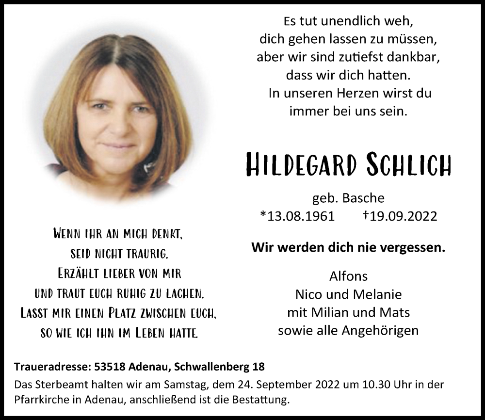  Traueranzeige für Hildegard Schlich vom 22.09.2022 aus Rhein-Zeitung