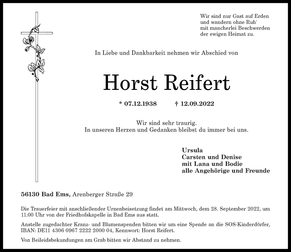 Traueranzeige für Horst Reifert vom 17.09.2022 aus Rhein-Lahn-Zeitung