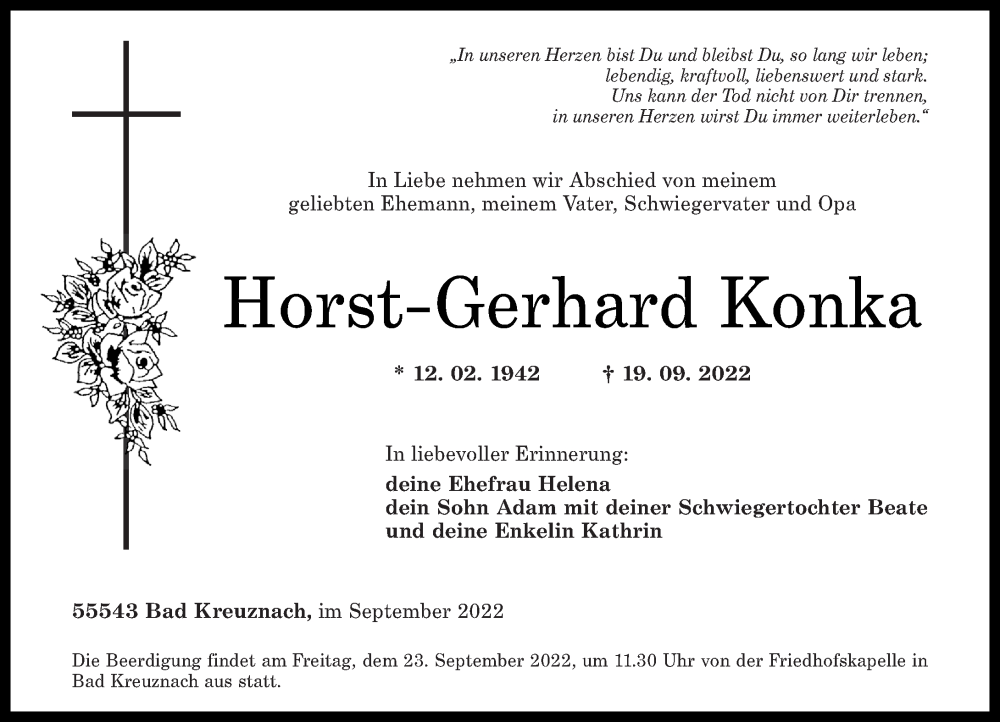  Traueranzeige für Horst Gerhard Konka vom 21.09.2022 aus Oeffentlicher Anzeiger