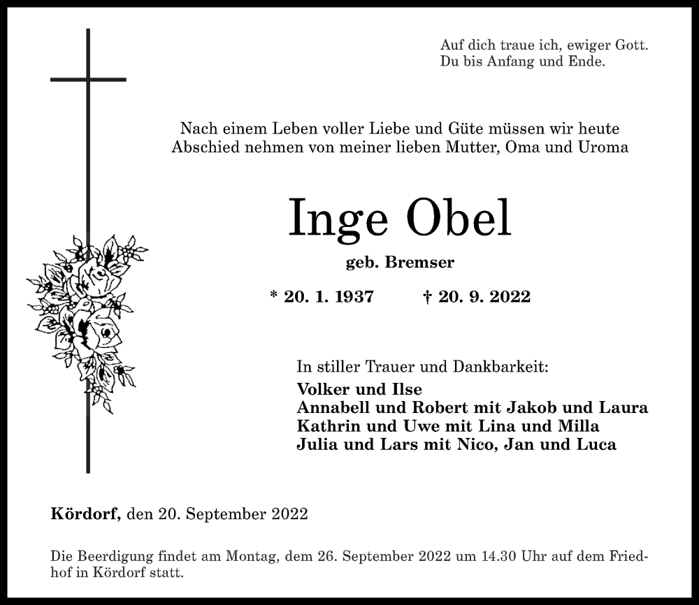  Traueranzeige für Inge Obel vom 23.09.2022 aus Rhein-Lahn-Zeitung