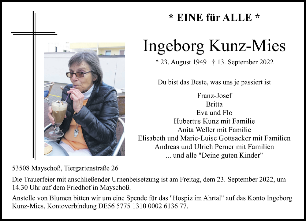  Traueranzeige für Ingeborg Kunz-Mies vom 17.09.2022 aus Rhein-Zeitung