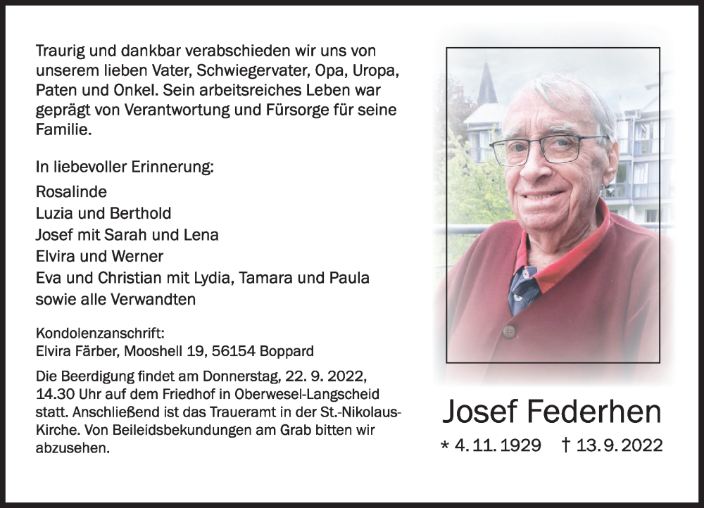 Traueranzeige für Josef Federhen vom 17.09.2022 aus Rhein-Hunsrück-Zeitung