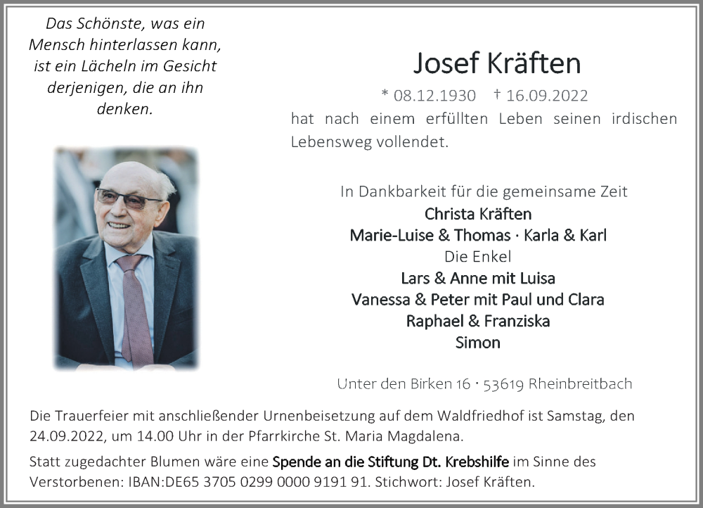  Traueranzeige für Josef Kräften vom 21.09.2022 aus Rhein-Zeitung