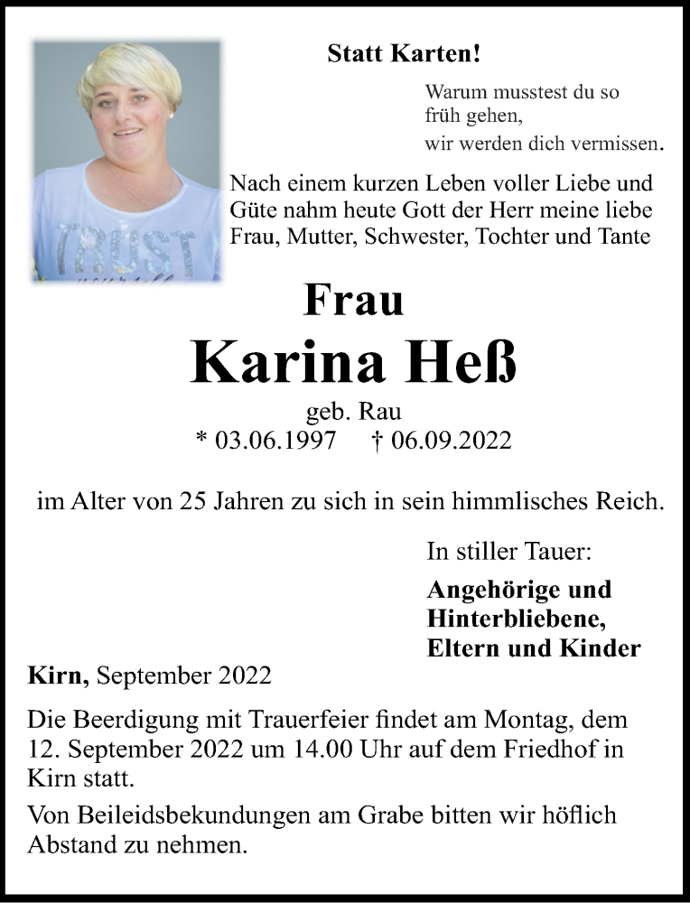 Traueranzeigen von Karina Heß | rz-trauer.de