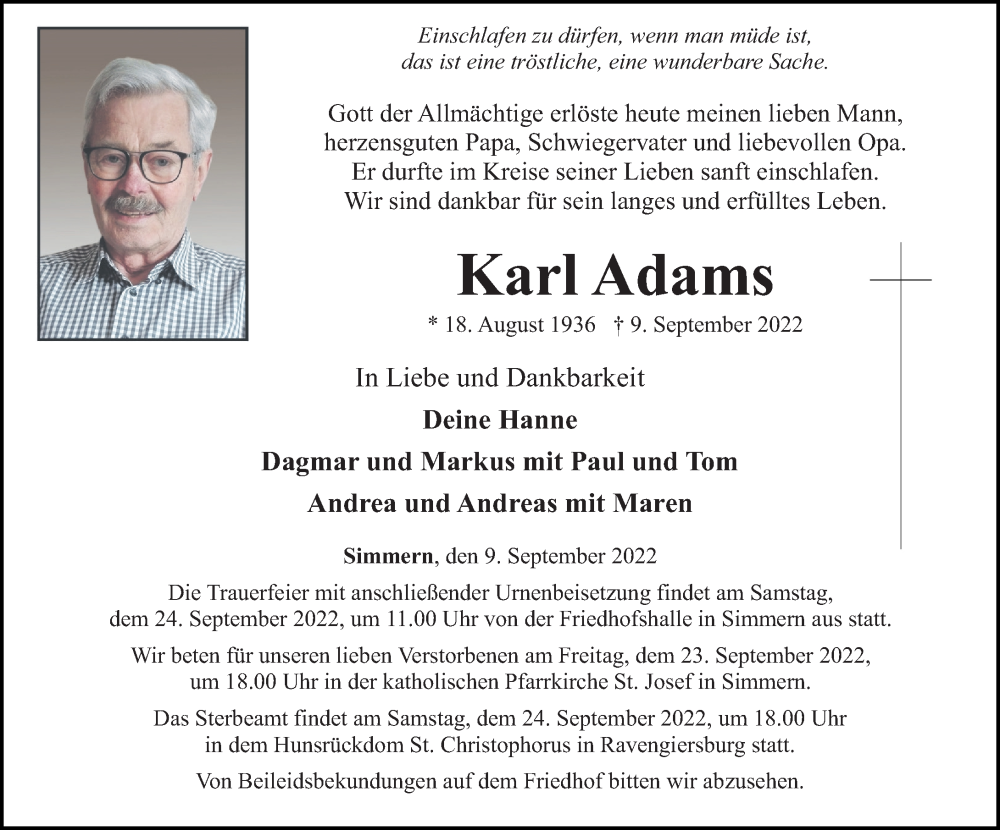  Traueranzeige für Karl Adams vom 22.09.2022 aus Rhein-Hunsrück-Zeitung