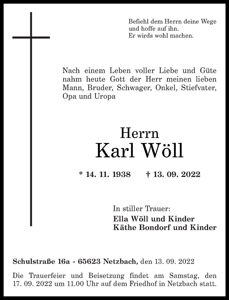  Traueranzeige für Karl Wöll vom 15.09.2022 aus Rhein-Lahn-Zeitung
