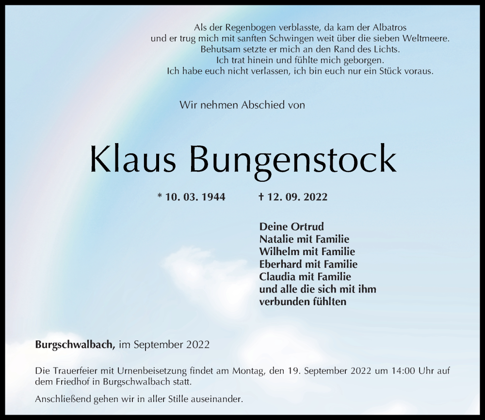  Traueranzeige für Klaus Bungenstock vom 15.09.2022 aus Rhein-Lahn-Zeitung