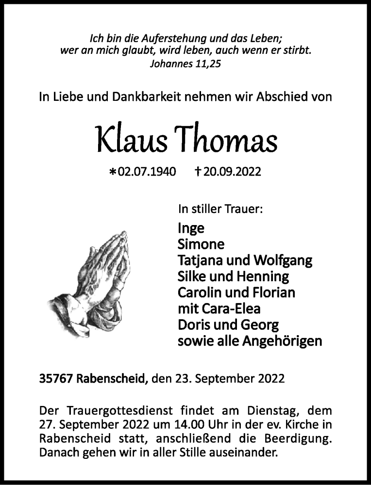  Traueranzeige für Klaus Thomas vom 23.09.2022 aus Westerwälder Zeitung