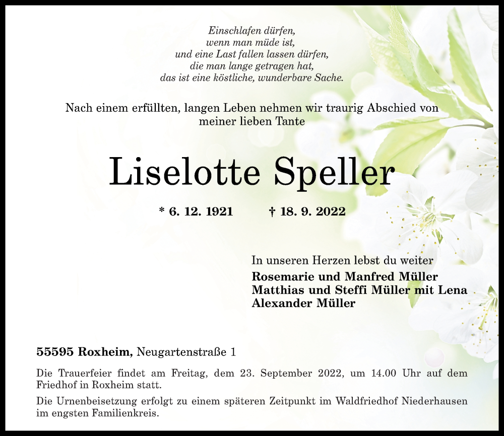 Traueranzeige für Liselotte Speller vom 21.09.2022 aus Oeffentlicher Anzeiger